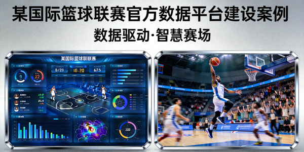某国际篮球联赛官方数据平台建设案例封面 - 数据仪表盘与篮球比赛画面